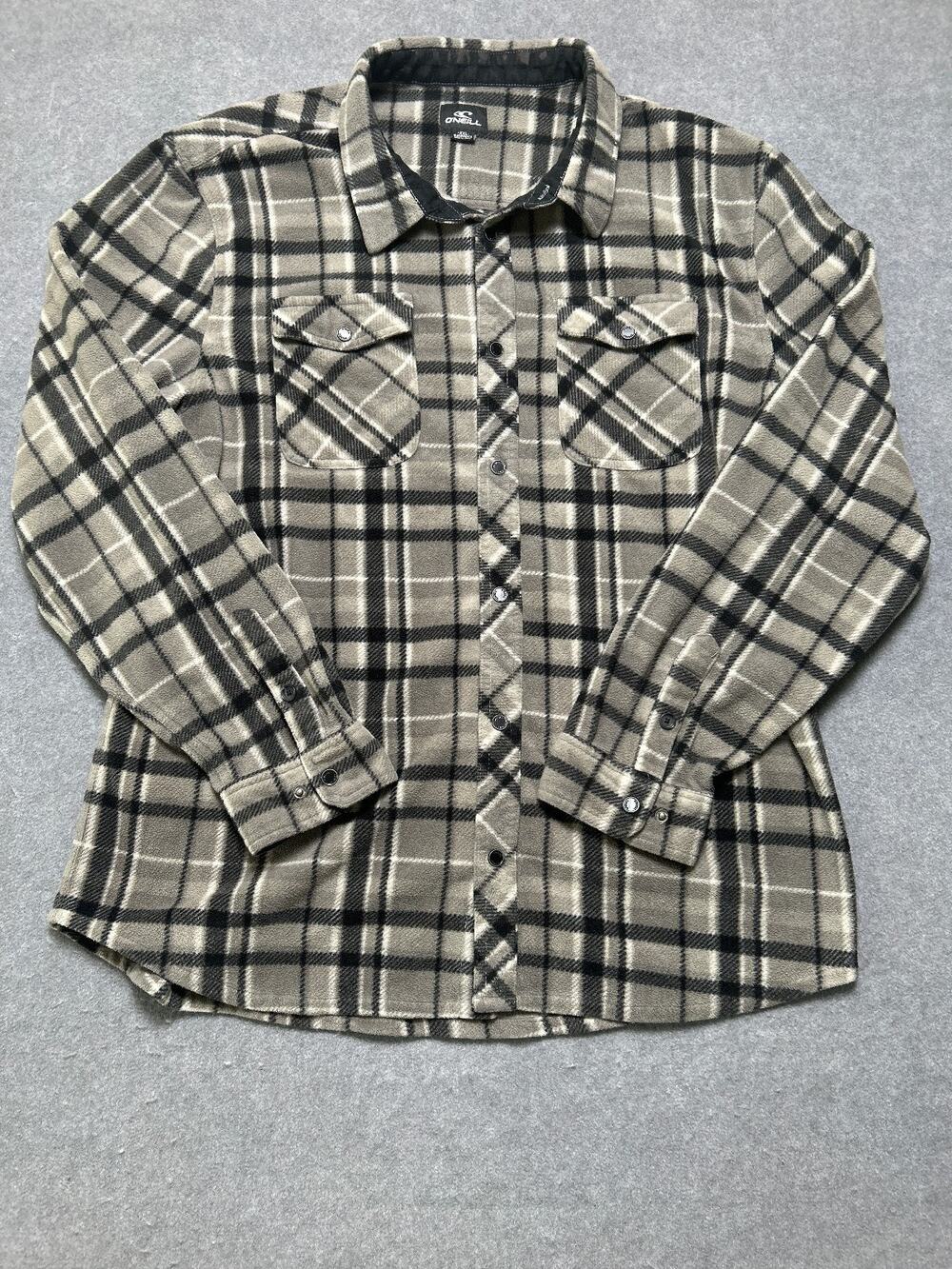 O'Neill Plaid Fleece Flannel Shirt Jacket Gray Black Snap Front Mens XXL